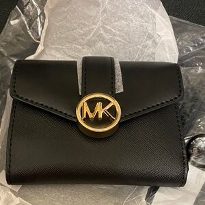 Michael Kors Black Saffiano Wallet with Gold MK Emblem
